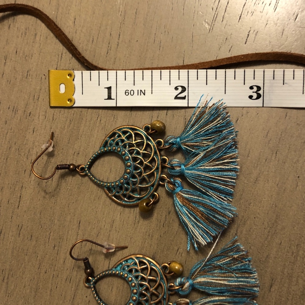 Bohemian Teal Blue and Brown Tassel Necklace and Earring Set - Picture 9 of 10